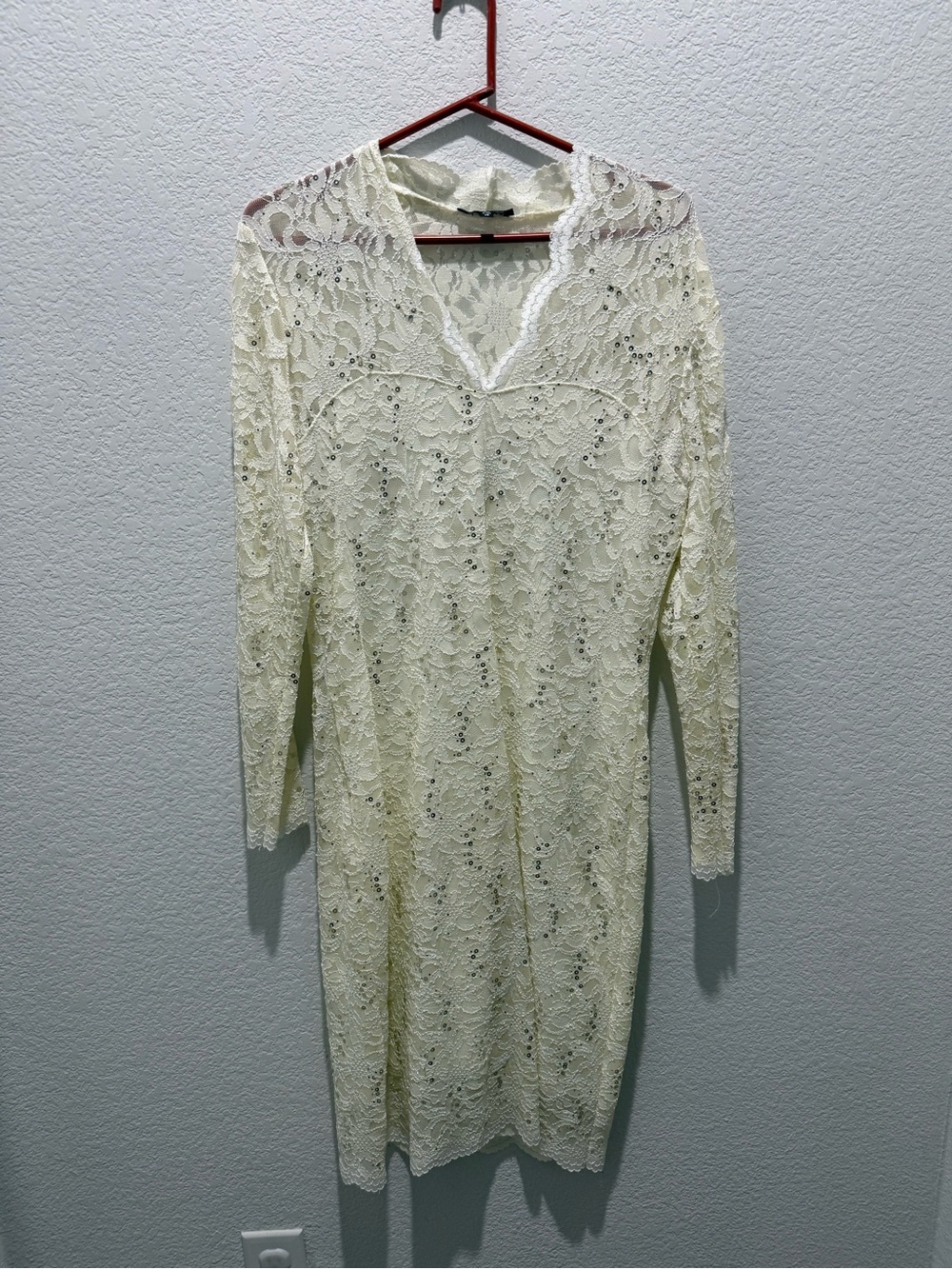 Marina Lace V-Neck Long Sleeve Dress in Cream 14, EUC